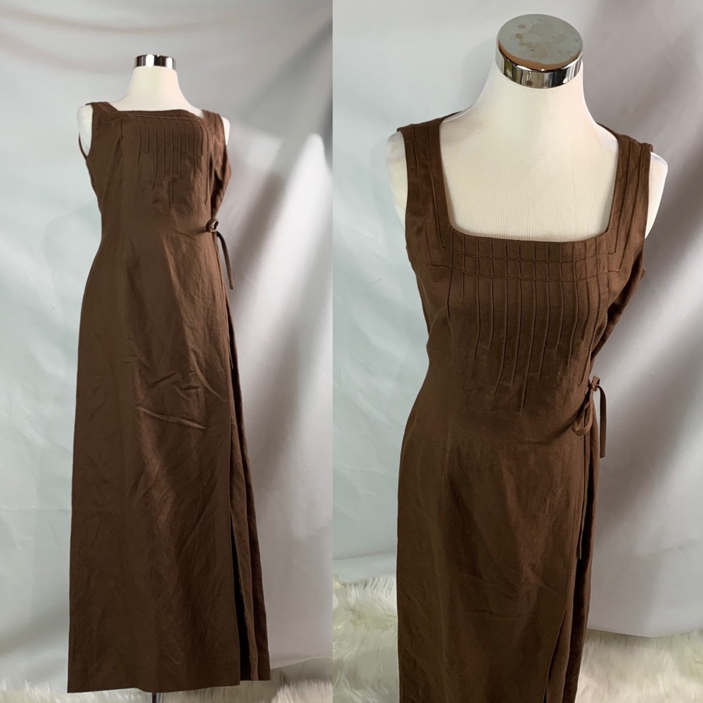Vintage Adrianna Papell Brown Linen Maxi Dress